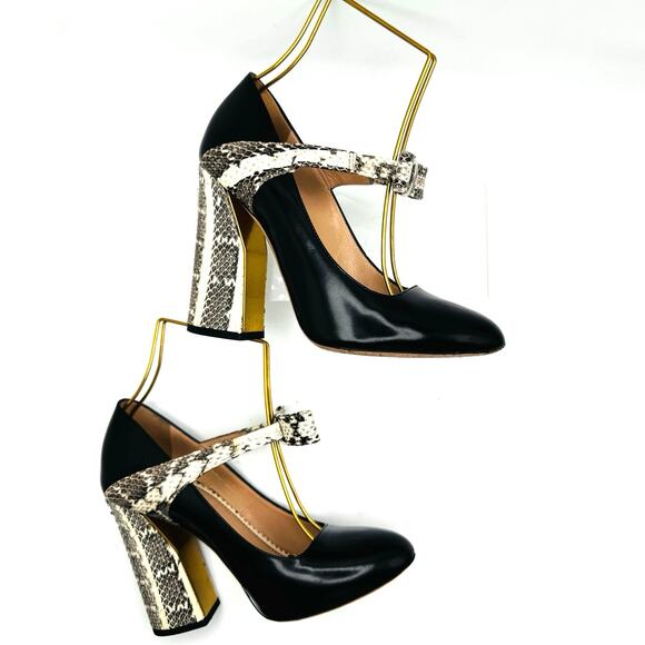 Gucci Black Leather and Neutral Snakeskin Block Heel Pumps size 37 - Picture 3 of 12